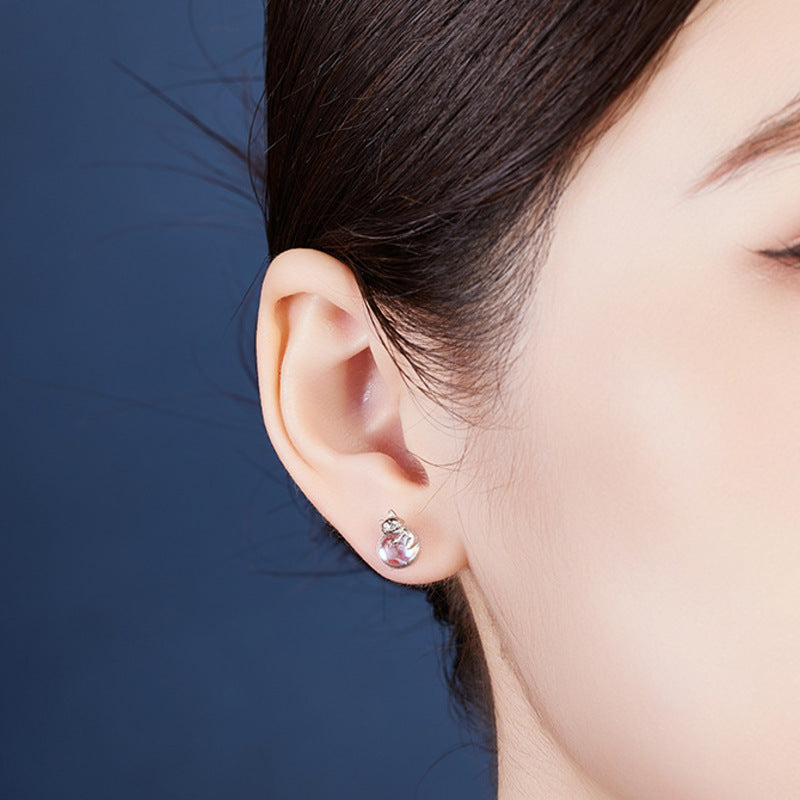 Sterling Silver Cat Moon Stud Earrings-Midnight Companions