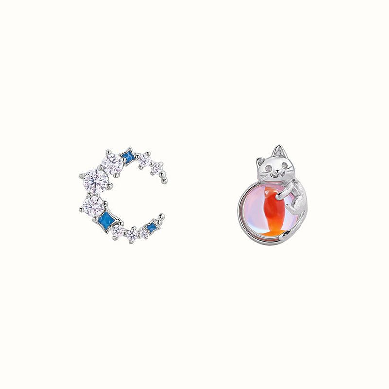 Sterling Silver Cat Moon Stud Earrings-Midnight Companions