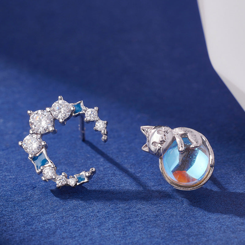 Sterling Silver Cat Moon Stud Earrings-Midnight Companions
