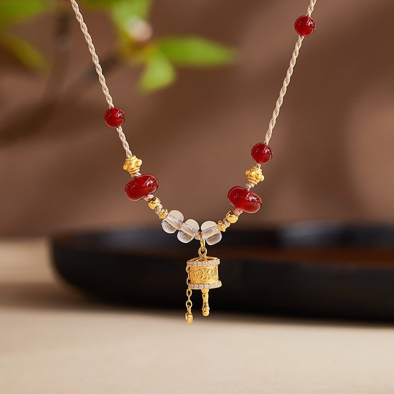 Red Agate & Clear Quartz Cord Necklace-Carried Wishes