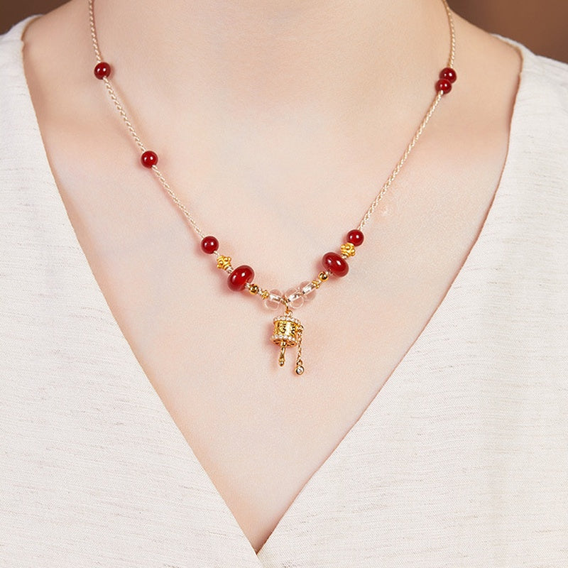 Red Agate & Clear Quartz Cord Necklace-Carried Wishes