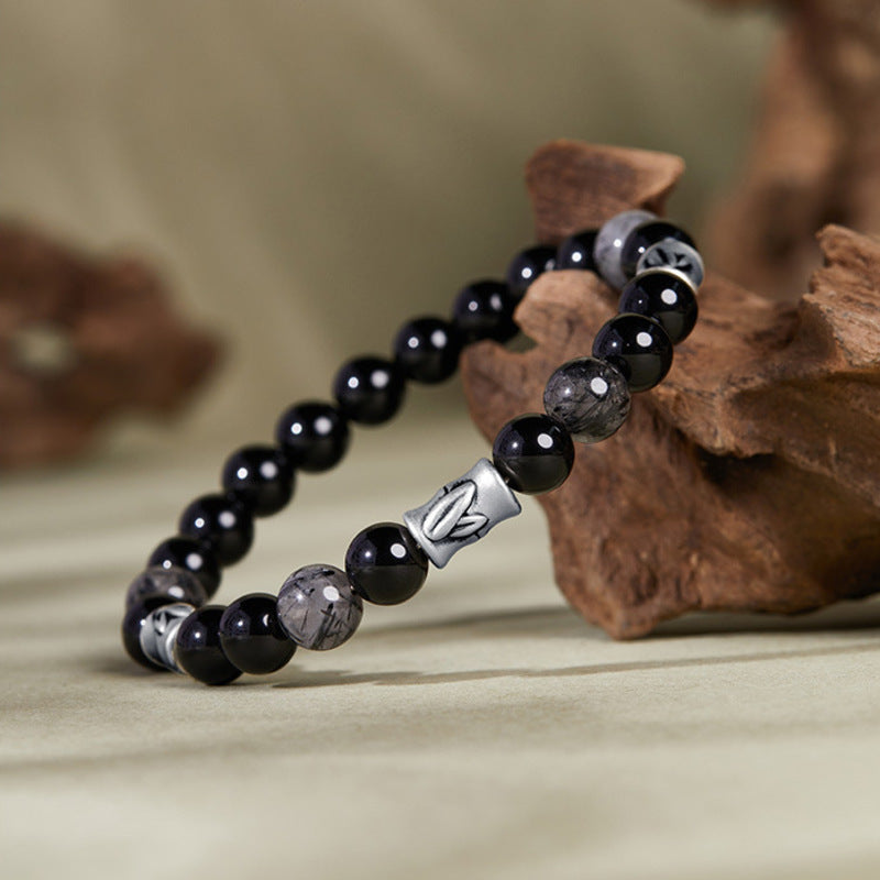 Bamboo Black Obsidian & Black Rutilated Quartz Bracelet-Steady Ascent