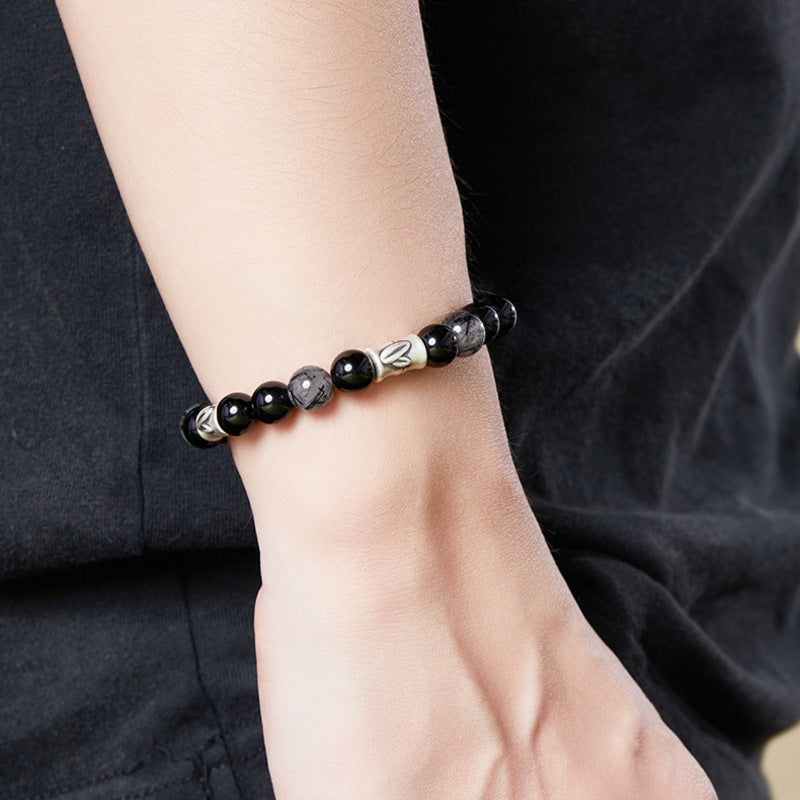 Bamboo Black Obsidian & Black Rutilated Quartz Bracelet-Steady Ascent