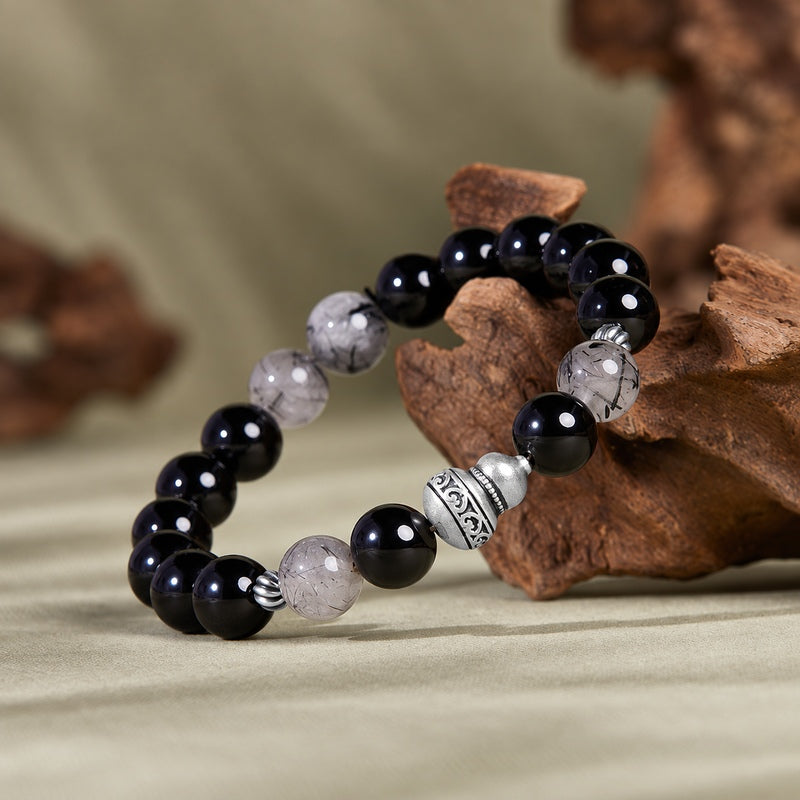 Gourd Obsidian & Black Inclusion Quartz Bracelet-Fortune's Turn