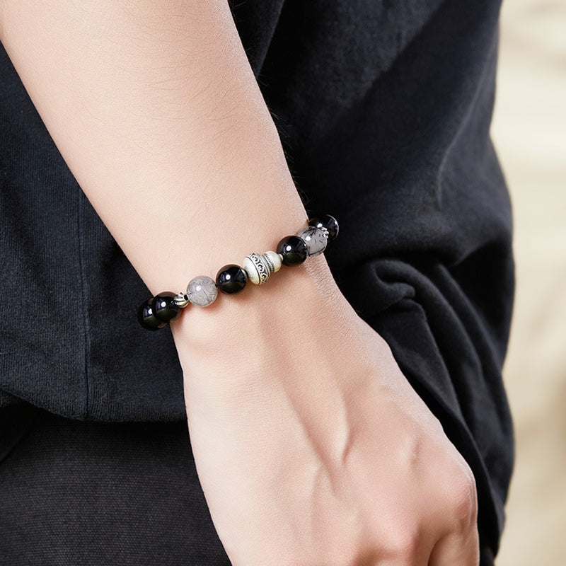 Gourd Obsidian & Black Inclusion Quartz Bracelet-Fortune's Turn