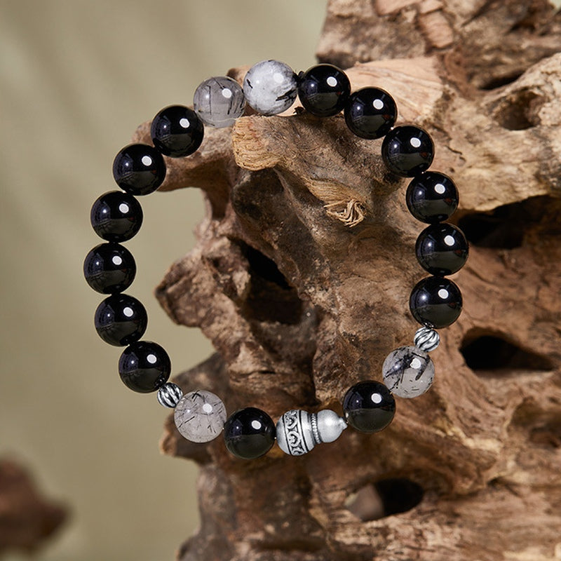 Gourd Obsidian & Black Inclusion Quartz Bracelet-Fortune's Turn