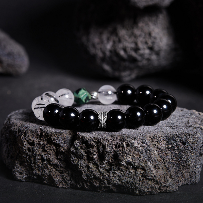 Feather Obsidian & Black Inclusion Quartz Bracelet-Shadow Wings