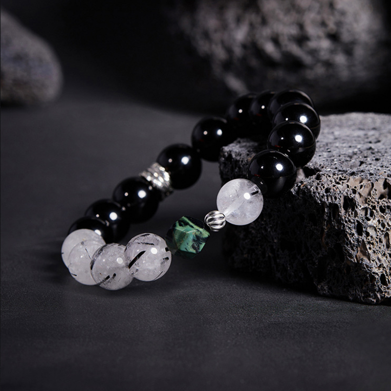 Feather Obsidian & Black Inclusion Quartz Bracelet-Shadow Wings