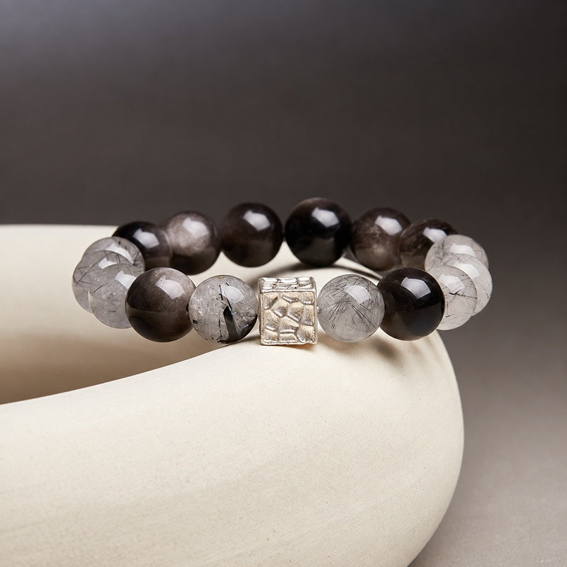 Silver Rhythm-Black Inclusion Quartz & Silver Sheen Obsidian Bracelet