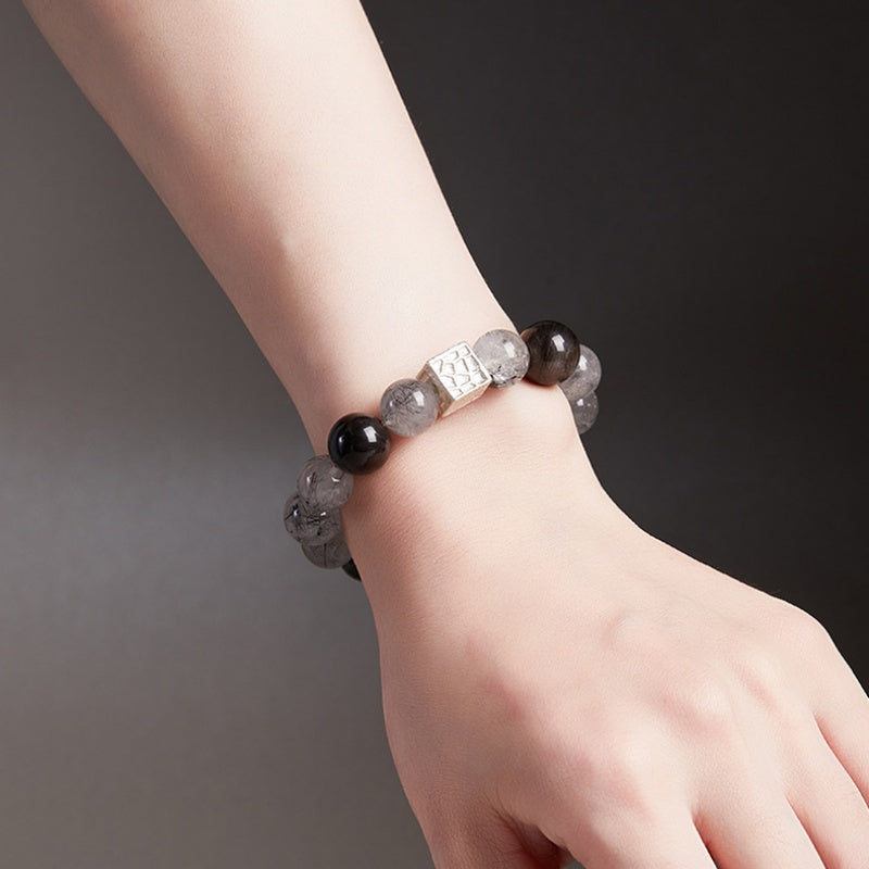 Silver Rhythm-Black Inclusion Quartz & Silver Sheen Obsidian Bracelet