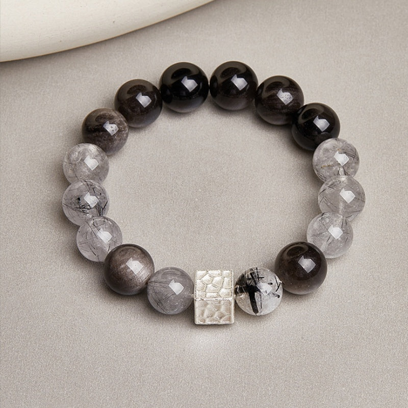Silver Rhythm-Black Inclusion Quartz & Silver Sheen Obsidian Bracelet