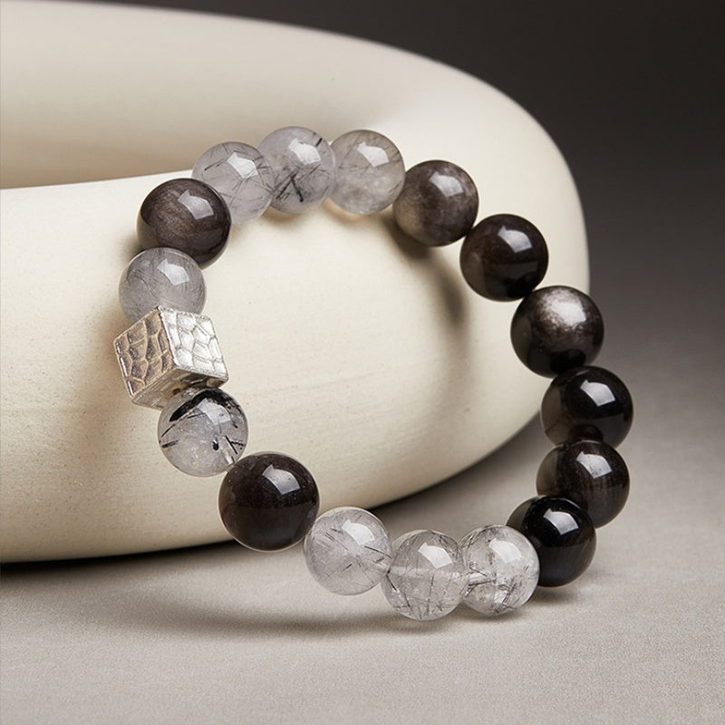 Silver Rhythm-Black Inclusion Quartz & Silver Sheen Obsidian Bracelet
