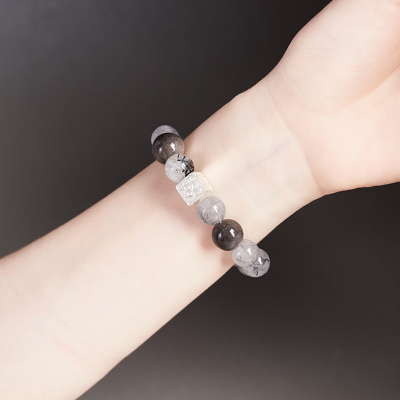 Silver Rhythm-Black Inclusion Quartz & Silver Sheen Obsidian Bracelet