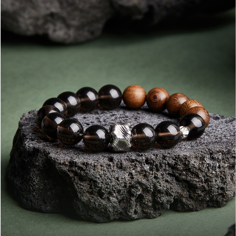 Obsidian & Golden Silk Wood Bracelet-Woodland Whispers