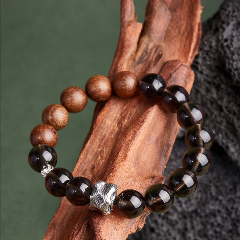 Obsidian & Golden Silk Wood Bracelet-Woodland Whispers