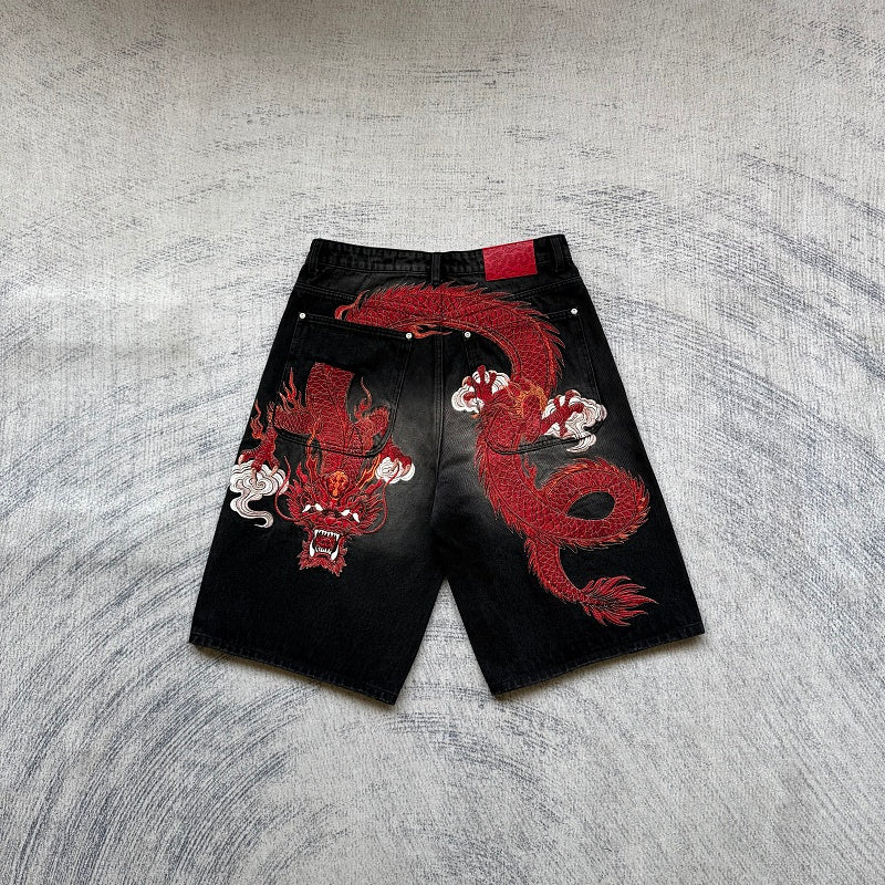 Black Washed Denim Jeans - Red Dragon Embroidery