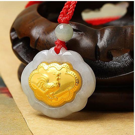 24k Gold 12 Chinese Zodiac Lucky Amulet White Jade Pendant Necklace