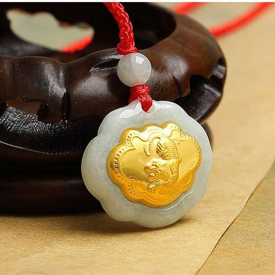 24k Gold 12 Chinese Zodiac Lucky Amulet White Jade Pendant Necklace
