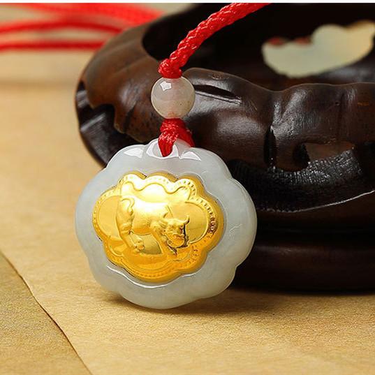 24k Gold 12 Chinese Zodiac Lucky Amulet White Jade Pendant Necklace