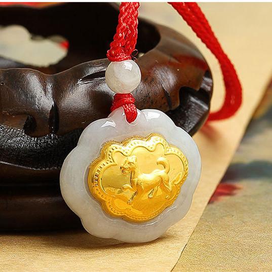 24k Gold 12 Chinese Zodiac Lucky Amulet White Jade Pendant Necklace
