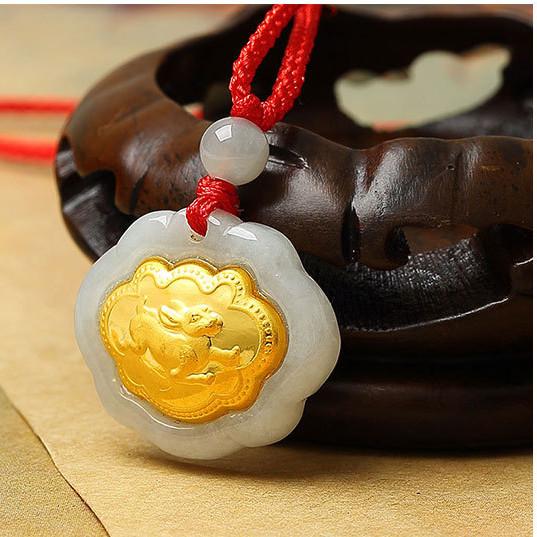 24k Gold 12 Chinese Zodiac Lucky Amulet White Jade Pendant Necklace