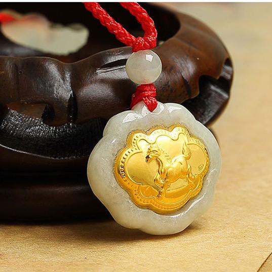 24k Gold 12 Chinese Zodiac Lucky Amulet White Jade Pendant Necklace
