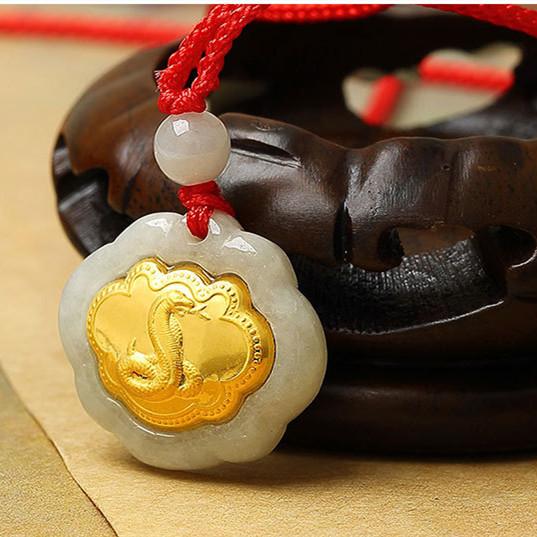 24k Gold 12 Chinese Zodiac Lucky Amulet White Jade Pendant Necklace
