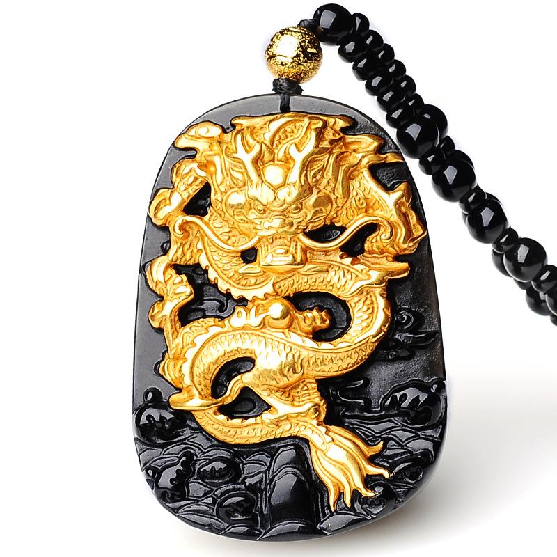24k Gold Dragon Black Obsidian Lucky Pendant