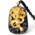 24k Gold Dragon Black Obsidian Lucky Pendant