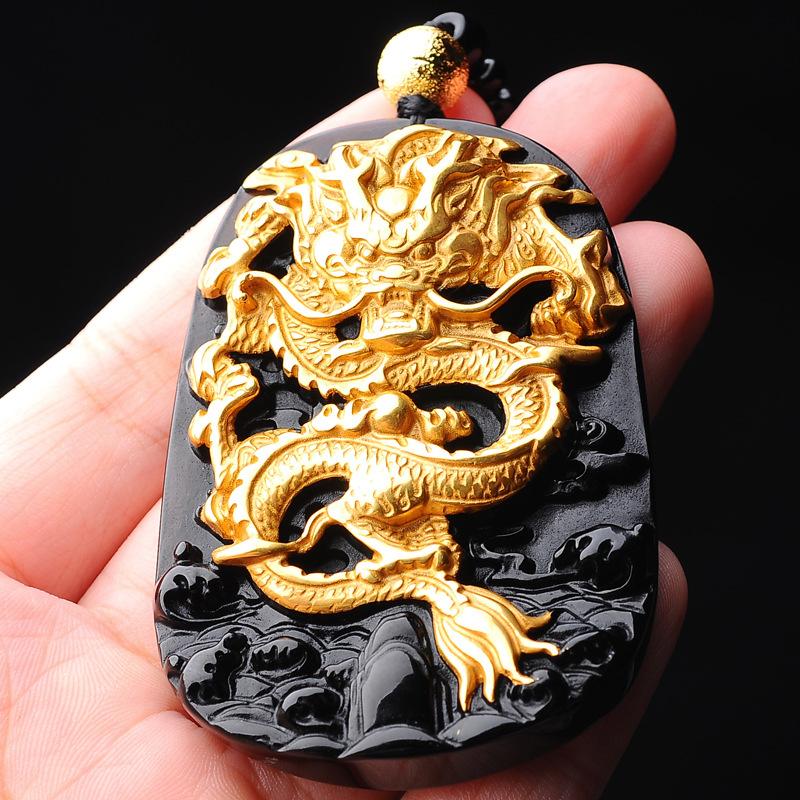 24k Gold Dragon Black Obsidian Lucky Pendant
