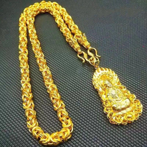 24K Gold  Guanyin Buddha Pendant Double Dragon Protection Necklace