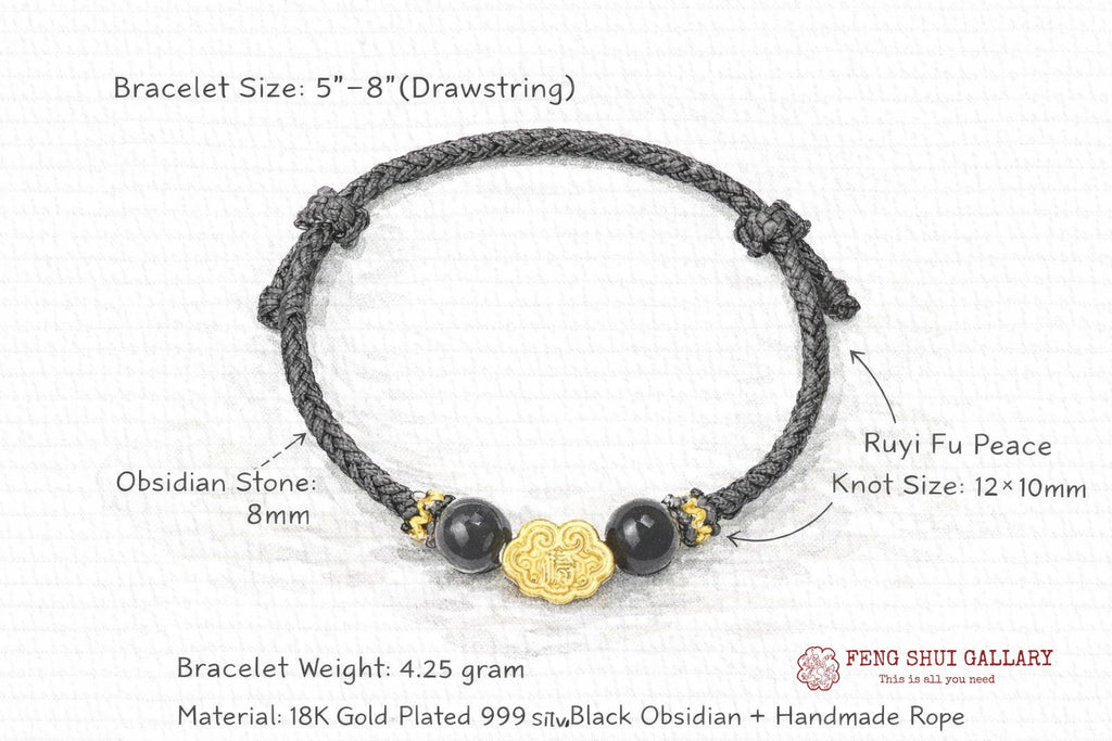 999 Sterling Silver & Obsidian Fortune Bracelet ¨C Handmade Lucky Ruyi Knot Design