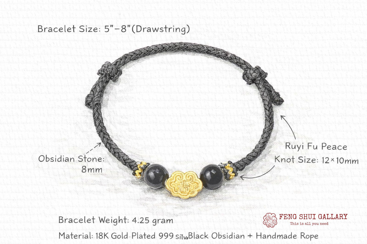 999 Sterling Silver & Obsidian Fortune Bracelet ¨C Handmade Lucky Ruyi Knot Design