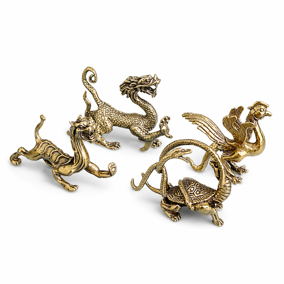 Azure Dragon White Tiger Vermilion Bird Black Tortoise Antique Brass Four Auspicious Creatures Set