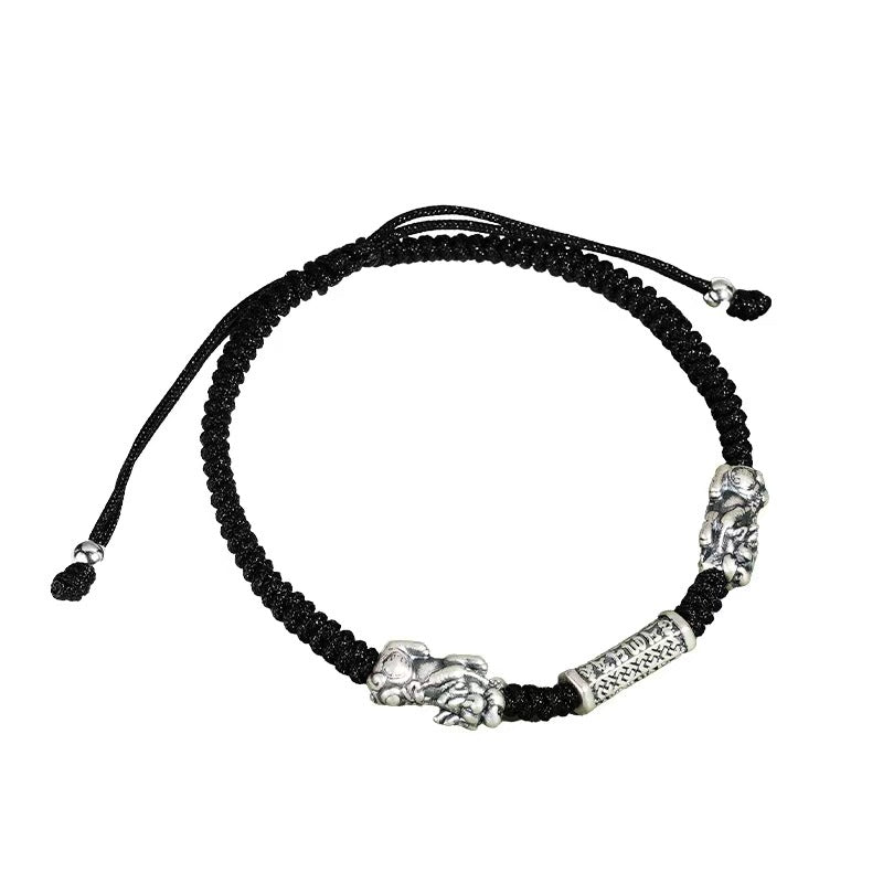 999 Silver Double Pixiu Six True Words Bracelet-Traditional Good Fortune Symbol