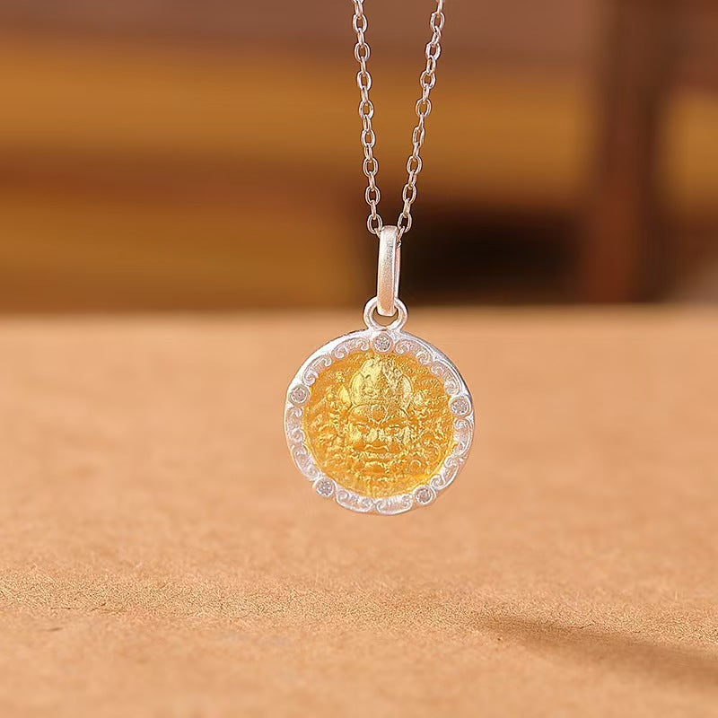 Yellow Jambhala Six True Words Silver Pendant Necklace-Protection and Prosperity