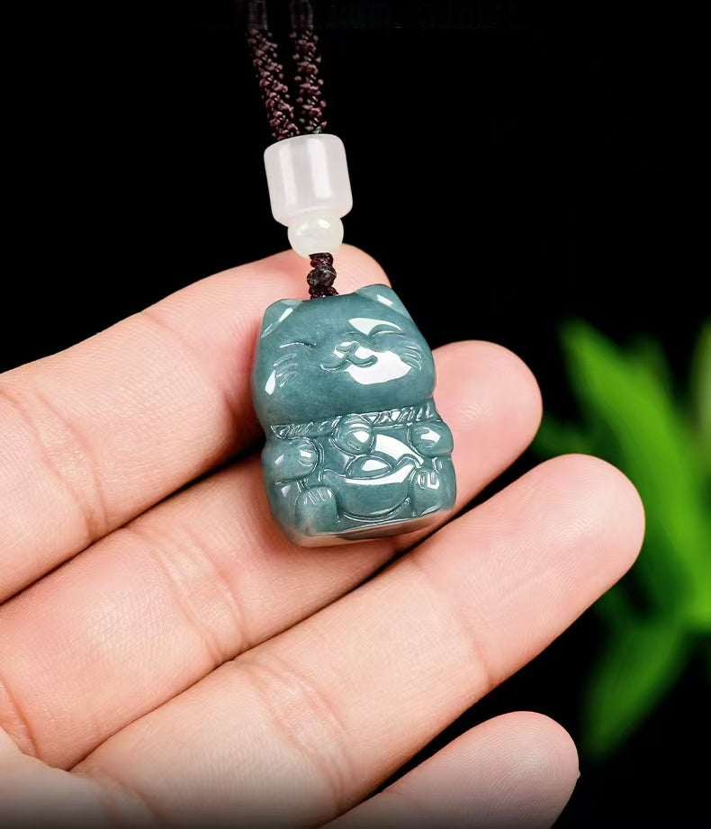 Blue Jade Wealth Cat Pendant – Prosperity. Fortune & Joy