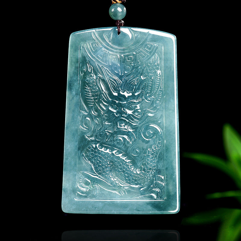 Loyalty and Courage-Guan Yu & Divine Dragon Blue Water Jadeite Pendant