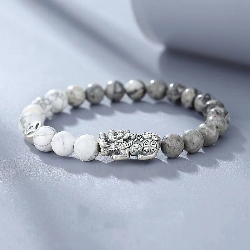 White Turquoise Beads Silver Pixiu Bracelet-Traditional Good Fortune Symbol