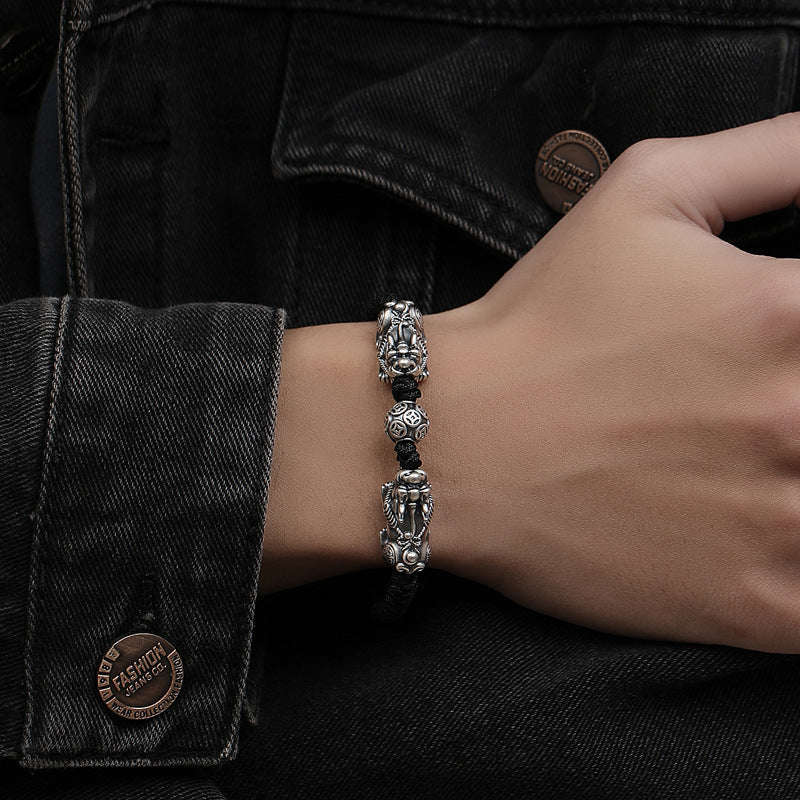 Double Pixiu Bracelet-Mantra Beads Black String
