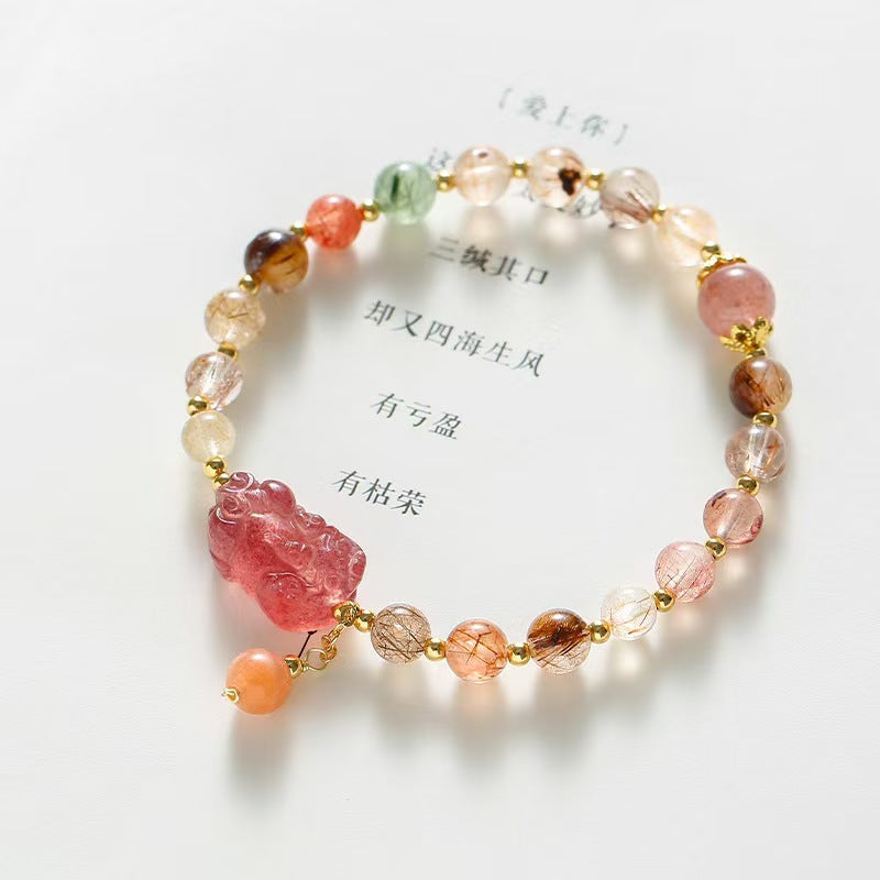 Strawberry Quartz Pixiu Rutilated Quartz Bracelet-Traditional Good Fortune Symbol