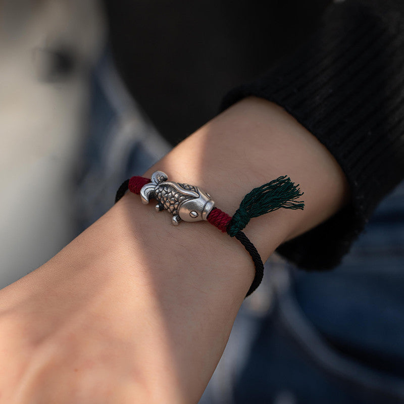 Silver Koi Woven Cord Bracelet ¨C Luck. Perseverance & Smooth Success