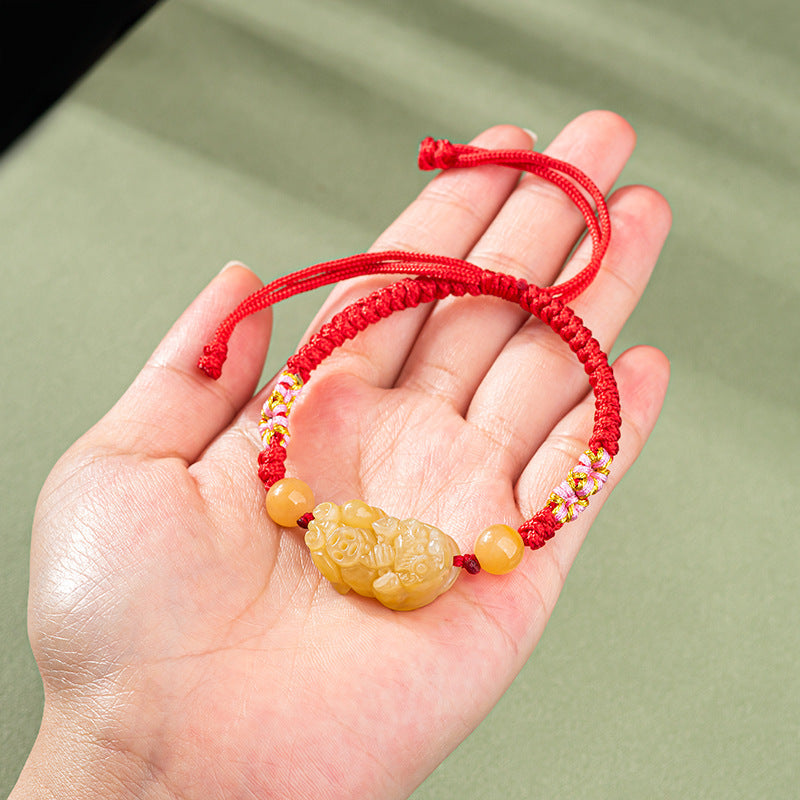 Hand-Woven Golden Silk Jade PiXiu Bracelet ¨C Protection. Peace & Vitality