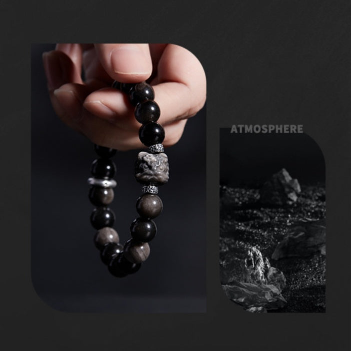 Awakened Lion-Silver Sheen Obsidian Fine Silver Bracelet
