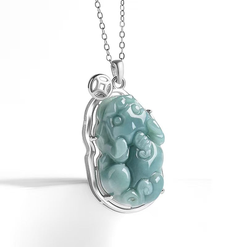 Serene Pixiu Ice Jade Pendant-925 Sterling Silver Necklace for Protection. Wealth & Steady Growth