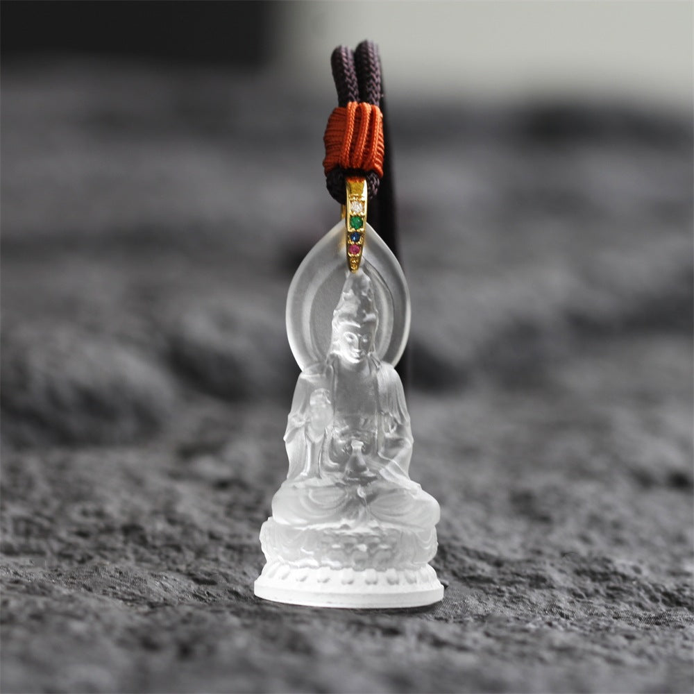 The Serene Listener: Handcrafted Translucent Liuli Seated Guanyin Amulet
