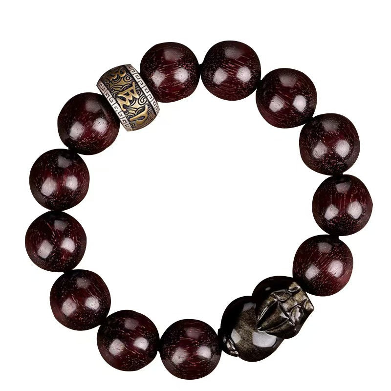Red Sandalwood & Gold Obsidian Pixiu Bracelet-Prosperity Symbol