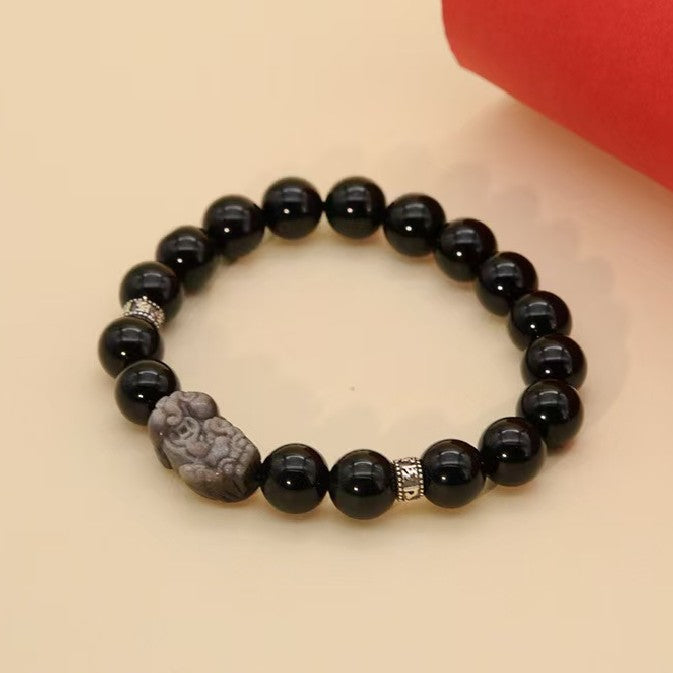 Silver Obisidian Pixiu Six True Words Bracelet-Traditional Good Fortune Symbol