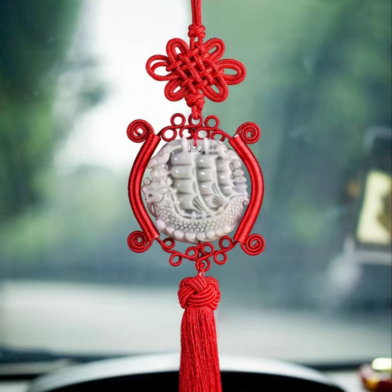 Jade Dragon Boat Car Hanging Ornament â€?Safe Journey & Success Charm with Red Tassel