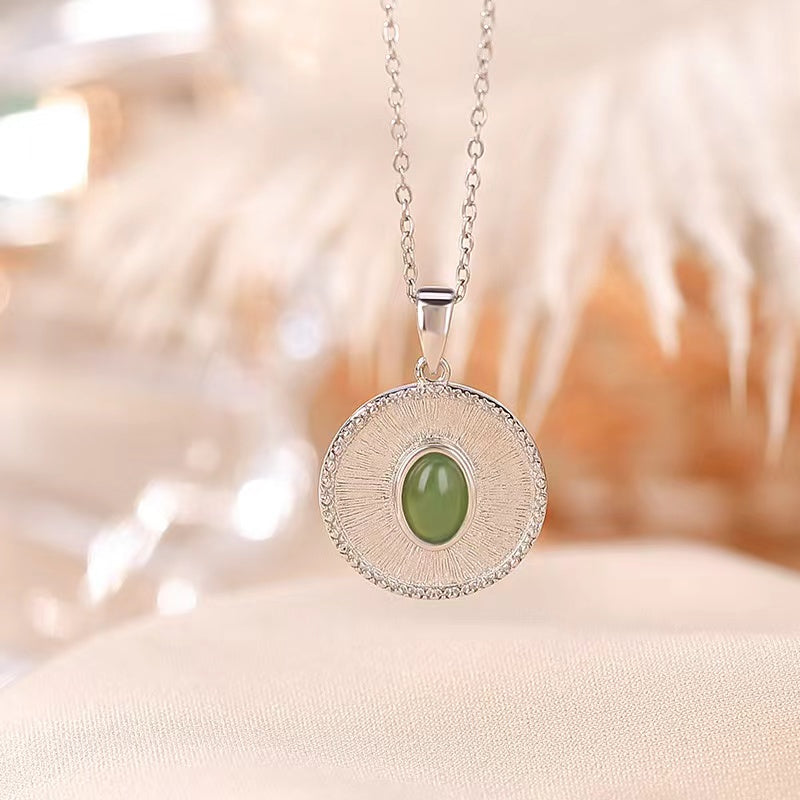 Vintage Green Jade  Silver Pendant Necklace-Inner Peace